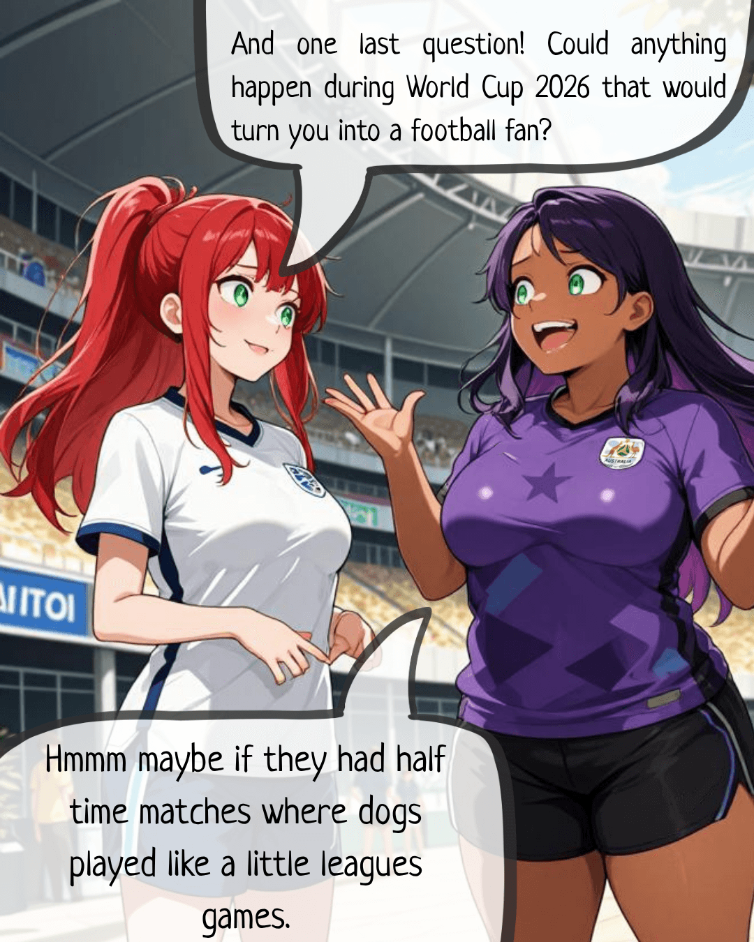 Sasha the anime barista sat down with Nalla from Australia 🇦🇺 to talk about World Cup 2026 ⚽ What if you don't really care about football? Can you support a team without knowing a single player? And could the World Cup ever turn you into a fan? ☕🎙️

https://www.instagram.com/spice_patrol.ai/