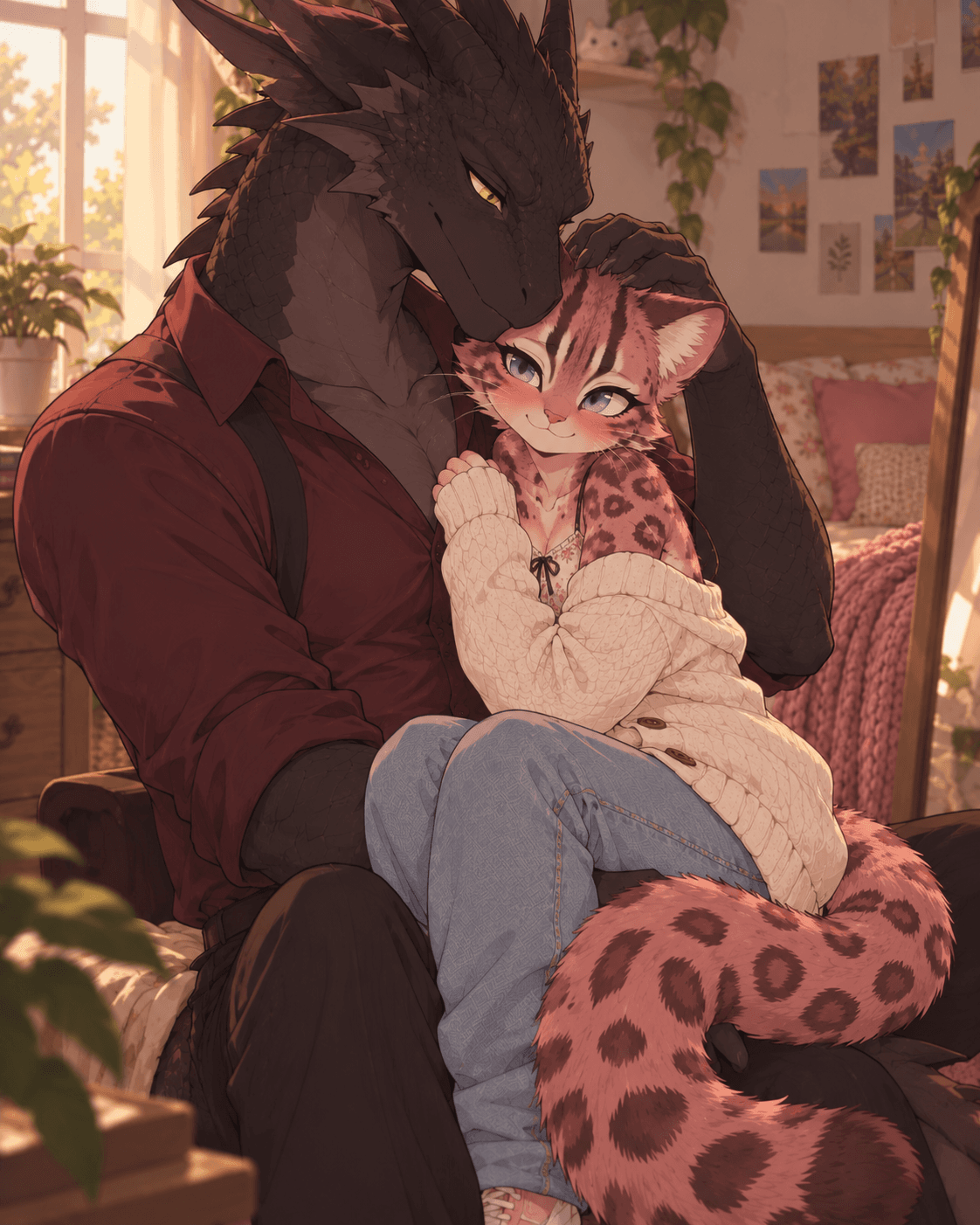 Me and my partner's fursonas~ #aiart #chatgpt #furry #anthro #cute #couple #wholesome #tilcayo #dragon #fursona