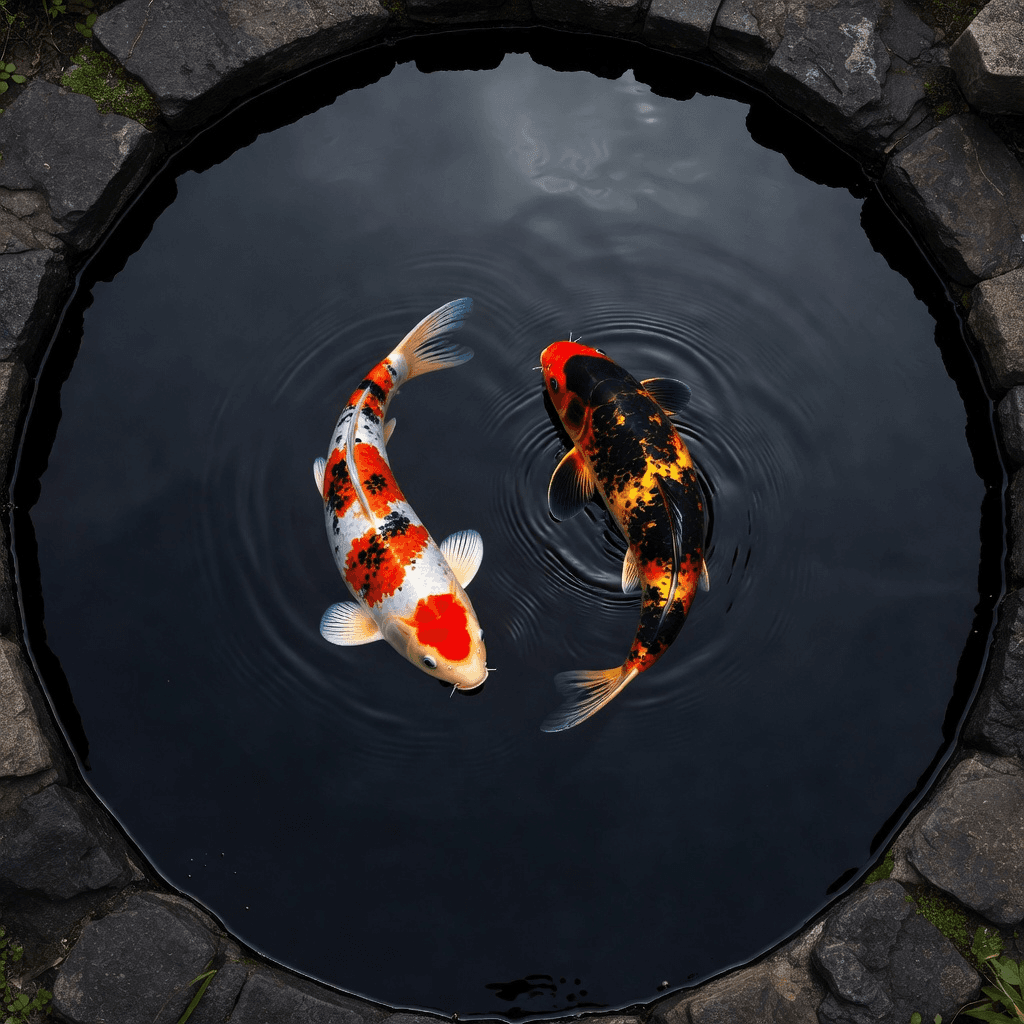 Overhead view of two koi circling each other in a black pool