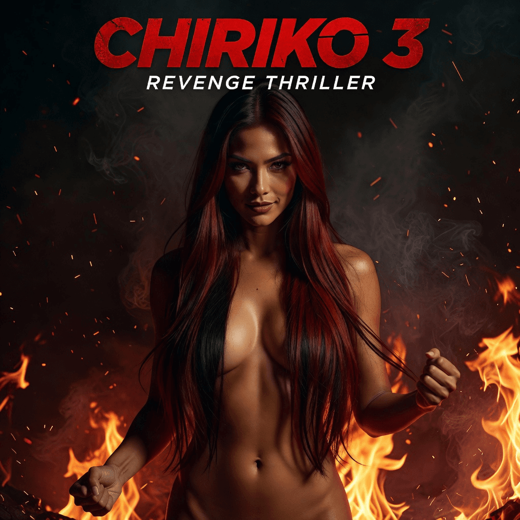 A beautiful, smoldering, glamorous, gorgeous full nude widow woman, burning, vengeful, lustful look, straight long dark red and black hair , Her mother is Thai and her father is of English, Irish and Dutch descent, smoldering looks, and all-natural body in "Chiriko 3" revenge thriller film poster