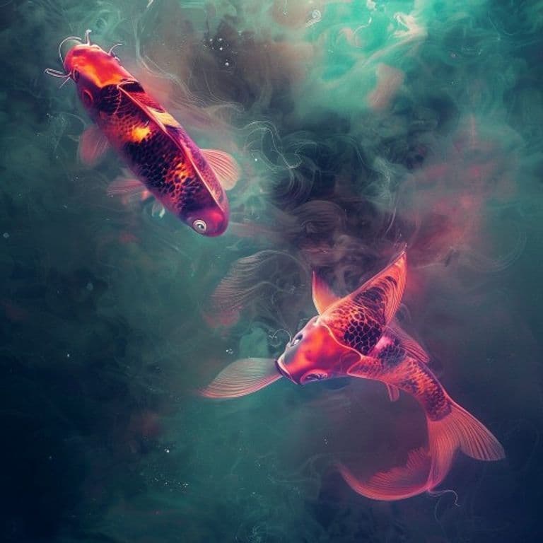 cyberpunk neon koi swimming in fog