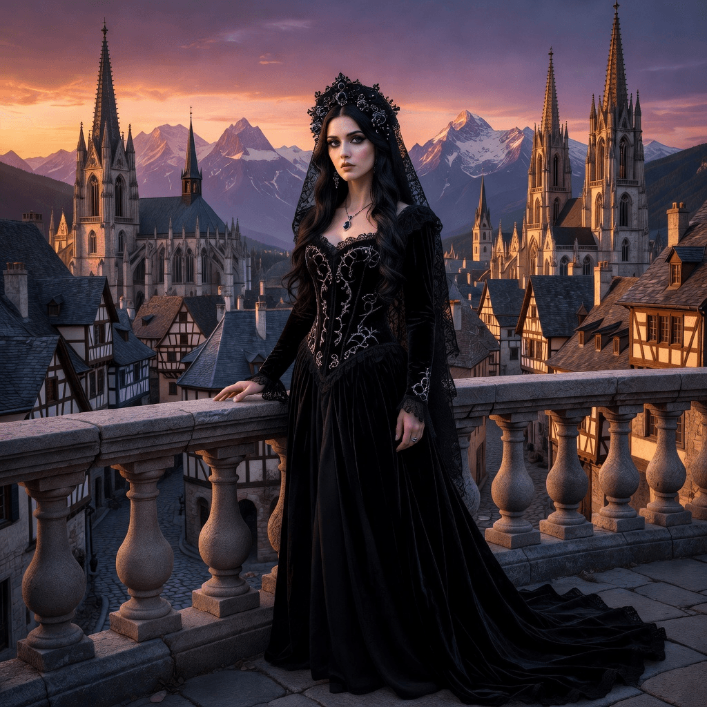 a gothic princess in front of a classic European city with mountains in the background at sunset
