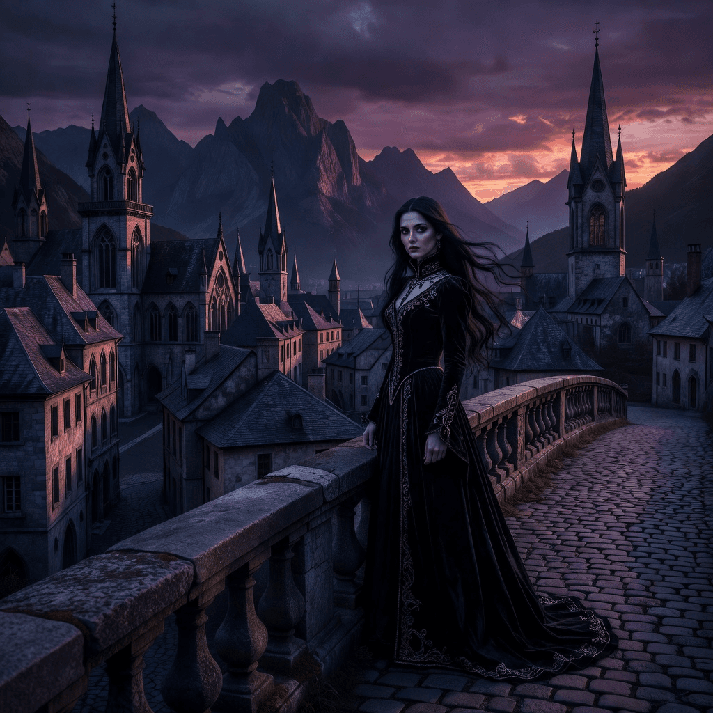 gloomcore, a gothic princess in front of a classic European city with mountains in the background at sunset