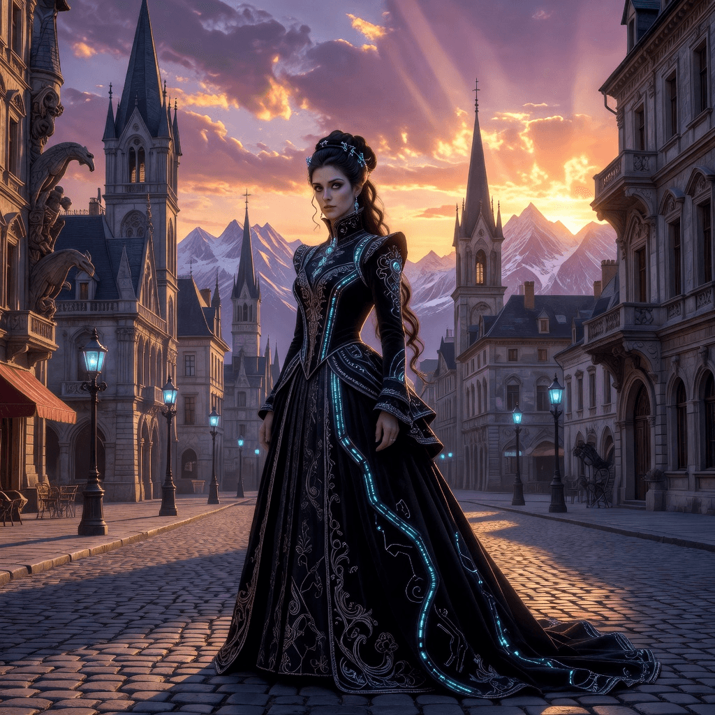 dreampunk, a gothic princess in front of a classic European city with mountains in the background at sunset