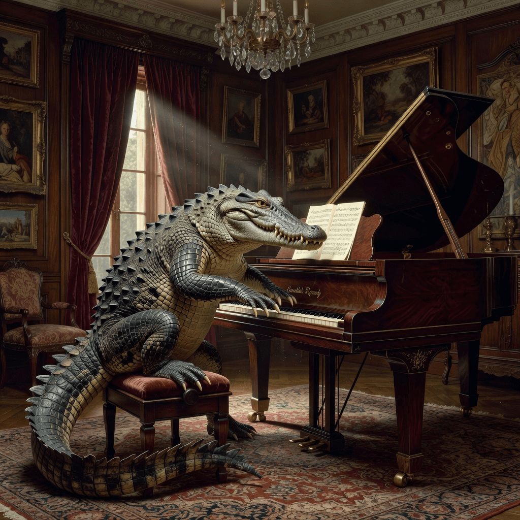 A crocodile playing the piano
