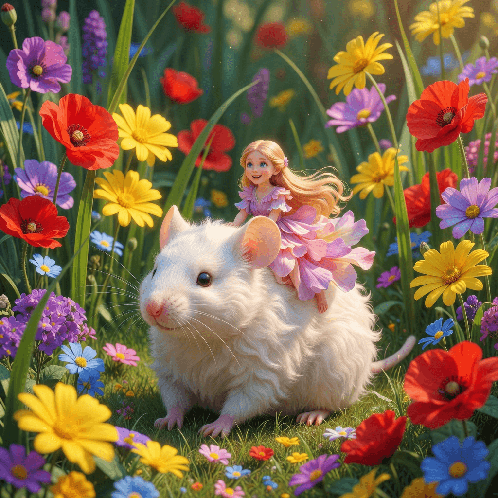 Tumbelina riding on the back of an adorable white fluffy mouse, flowers and gras