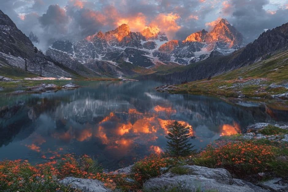Where the sky catches fire and the mountains hold their breath. #landscape #aiart #daily