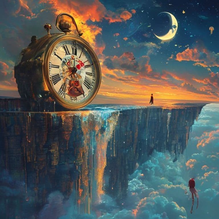 Time melts where dreams begin. A red coat walks the upside-down sky. #surreal #aiart #daily