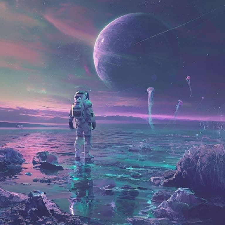 Shoreleave on an exomoon. Two suns, one silence. #scifi #aiart #daily
