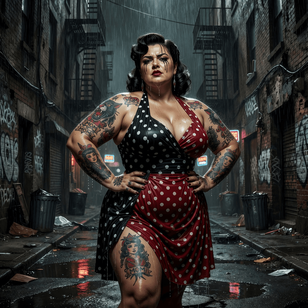 curvy pinup tattooed, grit, grim dark background, downpour