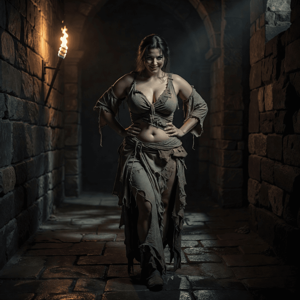 curvy slim vamp in rags, dark medieval background, akimbo, shy smile