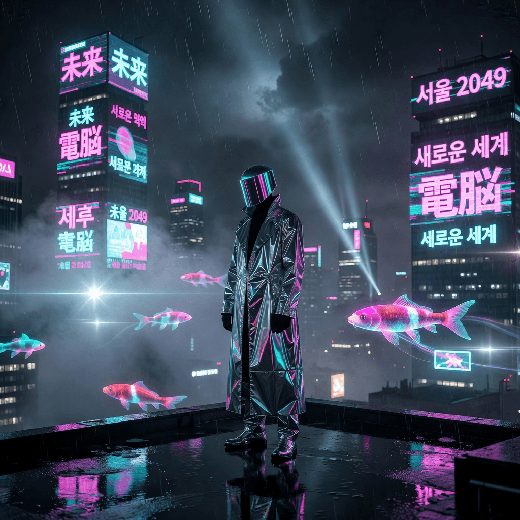 Holographic koi drift between the towers. Another quiet night on the rooftop. #cyberpunk #aiart #daily