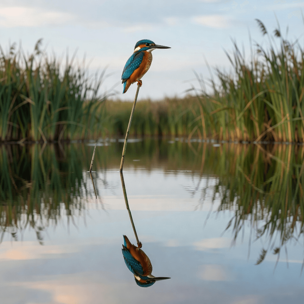 A kingfisher on a reed stem above still water

#animals #wildlife #aiart