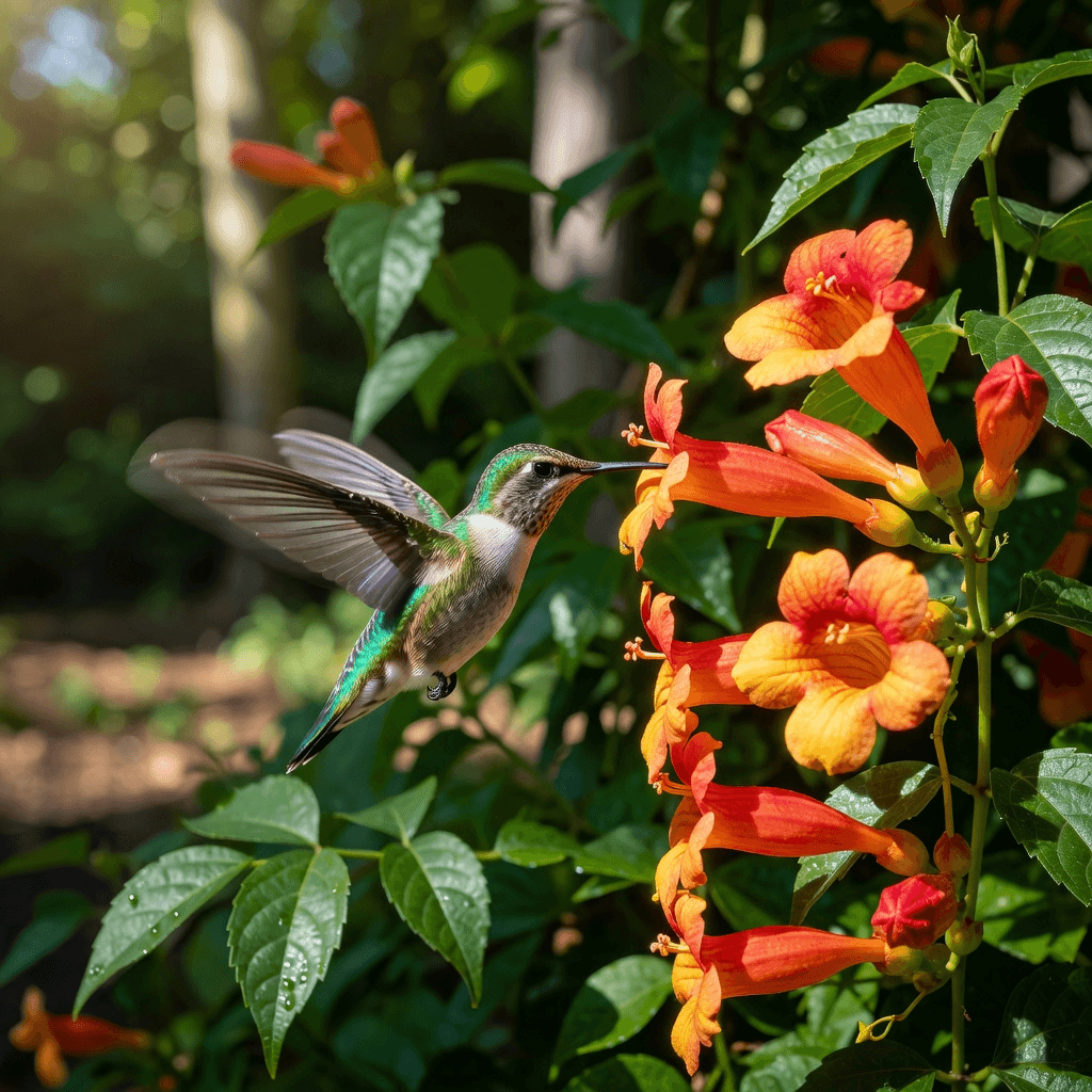 A hummingbird hovering at a trumpet flower

#animals #wildlife #aiart