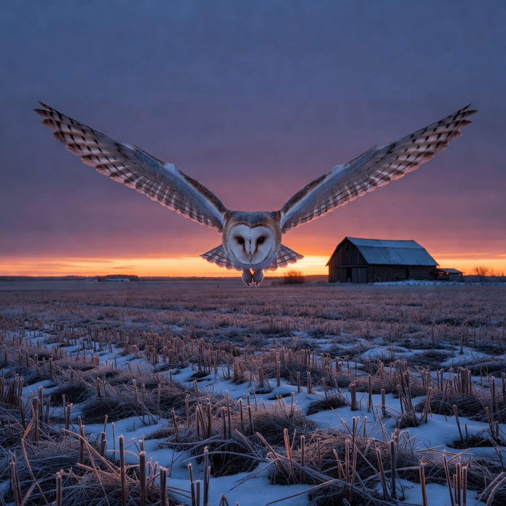 A barn owl mid-glide low over a winter field at dusk

#animals #wildlife #aiart