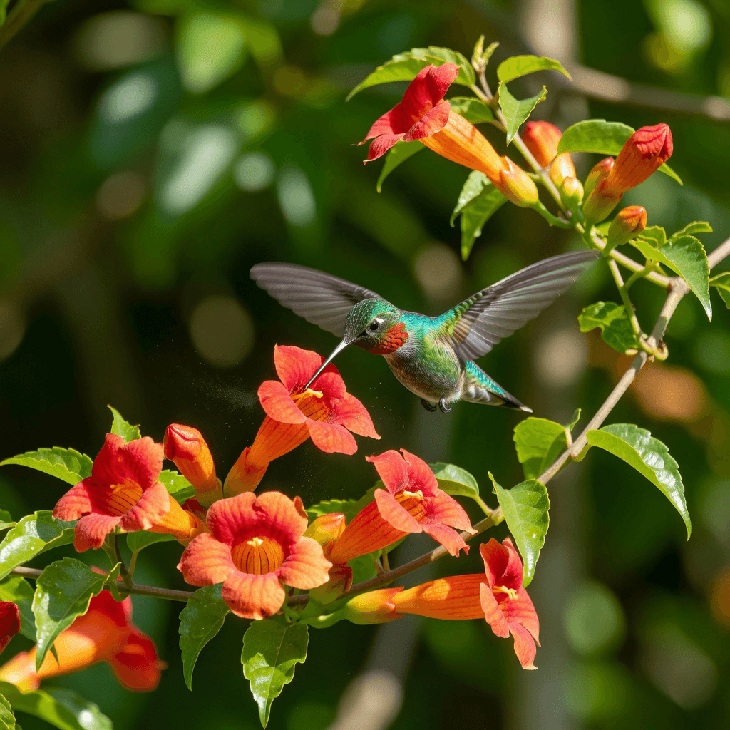 A hummingbird hovering at a trumpet flower

#animals #wildlife #aiart