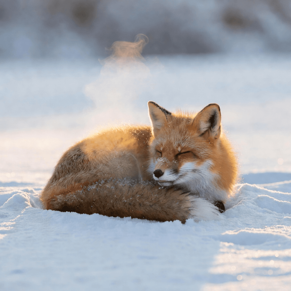 A red fox curled asleep in fresh snow

#animals #wildlife #aiart