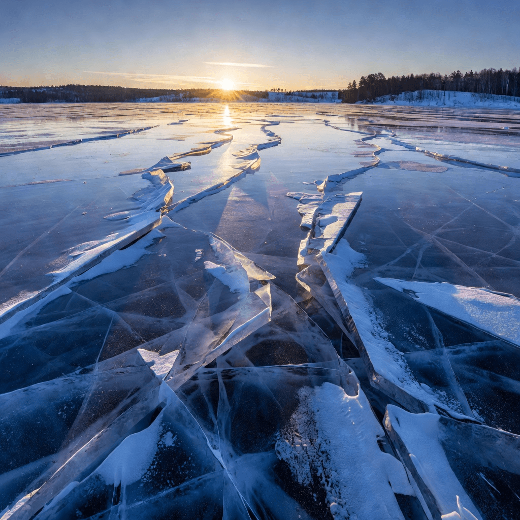 A frozen lake with pressure ridges cracking across it

#nature #landscape #aiart