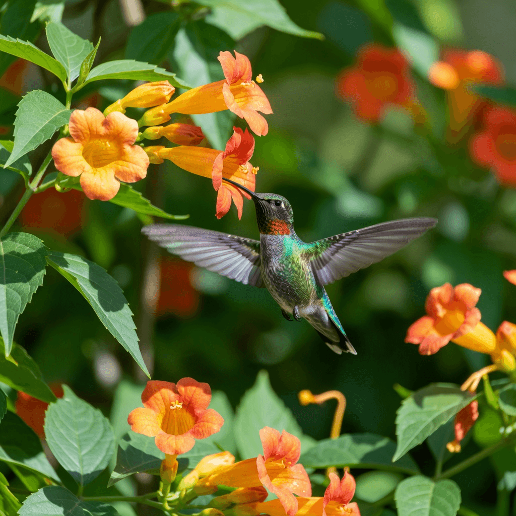 A hummingbird hovering at a trumpet flower

#animals #wildlife #aiart