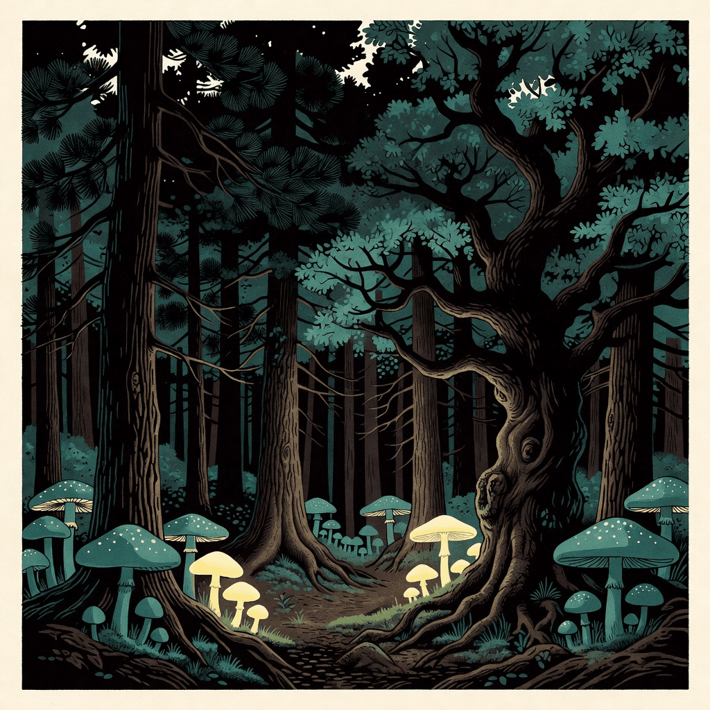 A mid-century children's book illustration of a forest at night

#art #illustration #aiart