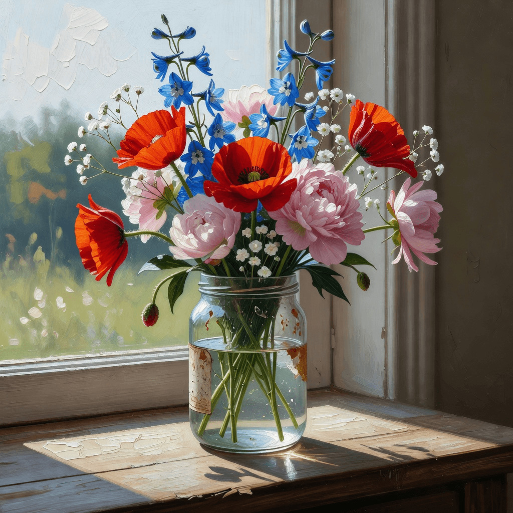 Acrylic study of cut flowers in a jam jar on a windowsill

#acrylic #painting #art