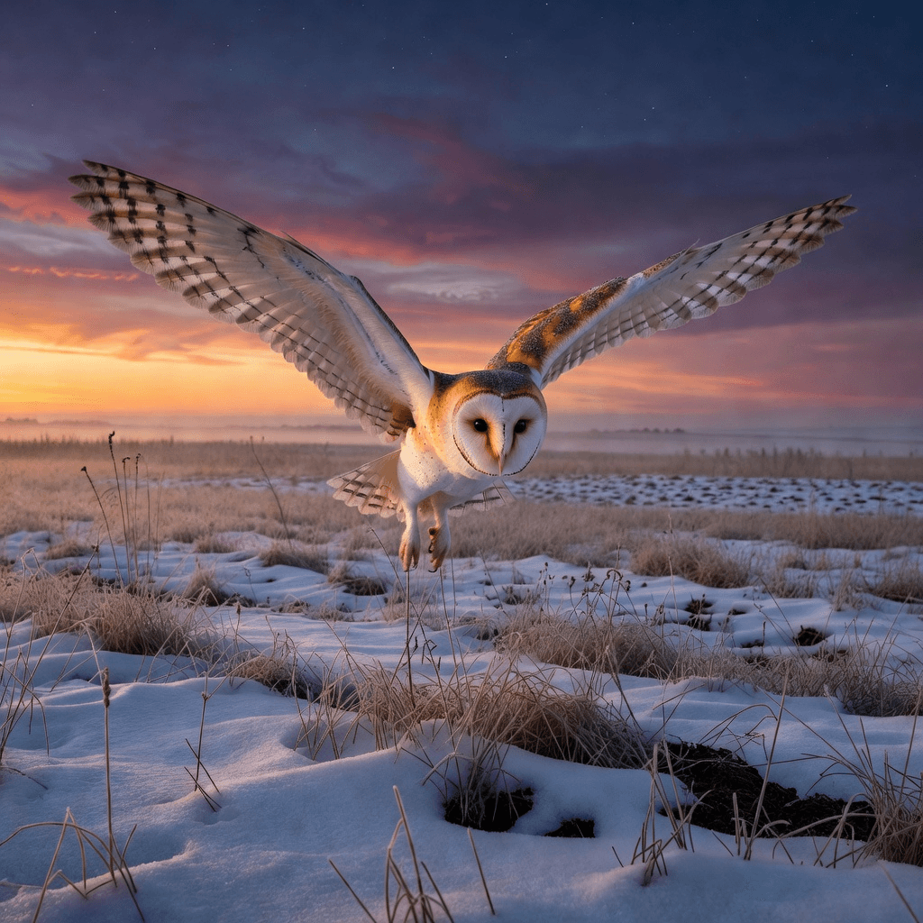 A barn owl mid-glide low over a winter field at dusk

#animals #wildlife #aiart