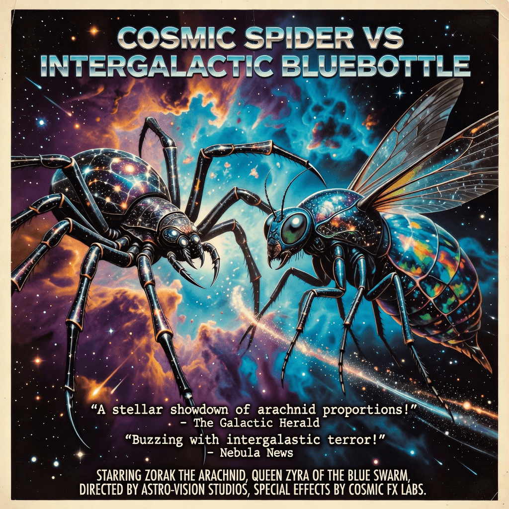 "cosmic spider vs intergalactic bluebottle" film poster in 2:3 ratio