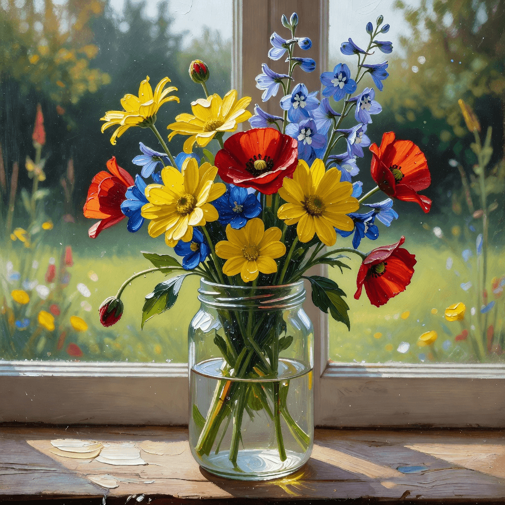 Acrylic study of cut flowers in a jam jar on a windowsill

#acrylic #painting #art