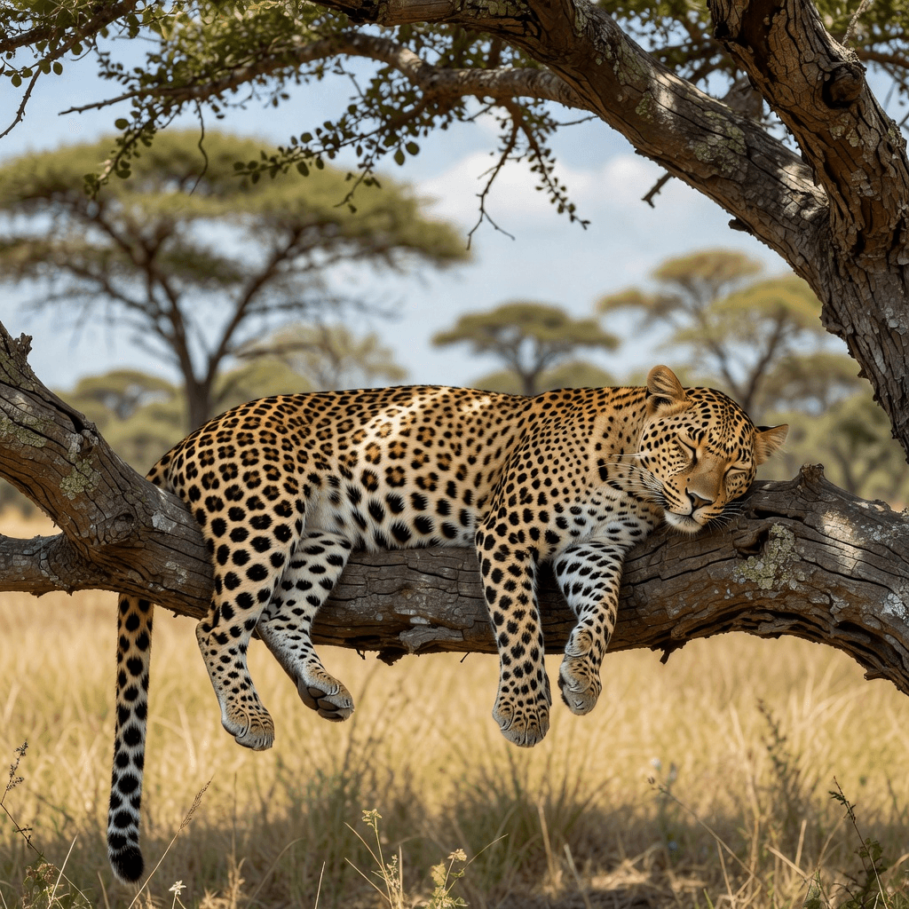 A leopard asleep along a horizontal branch

#animals #wildlife #aiart