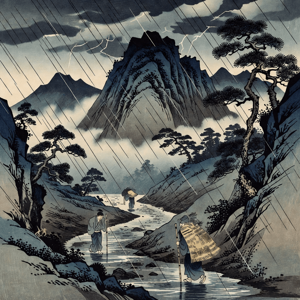 Ukiyo-e woodblock print of a mountain pass in driving rain

#art #illustration #aiart