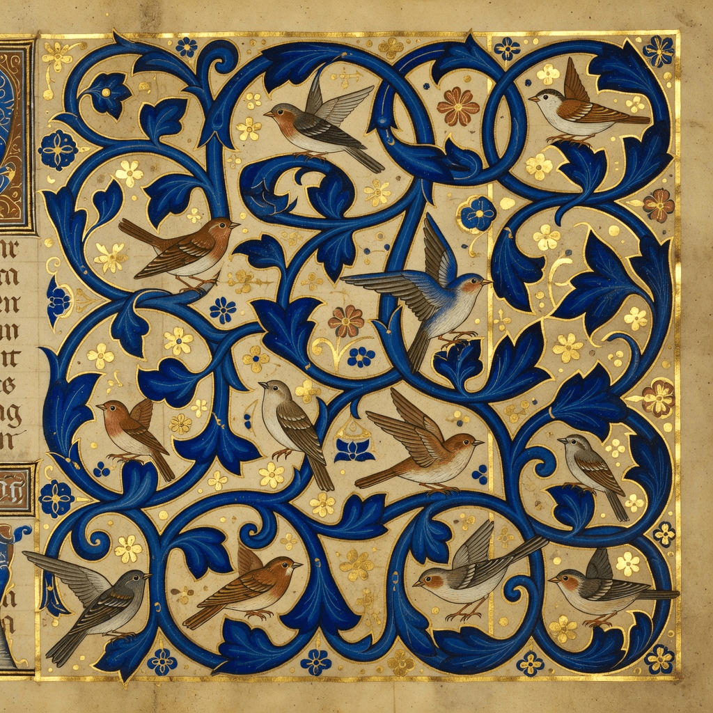 An illuminated manuscript margin of vines and birds

#art #illustration #aiart