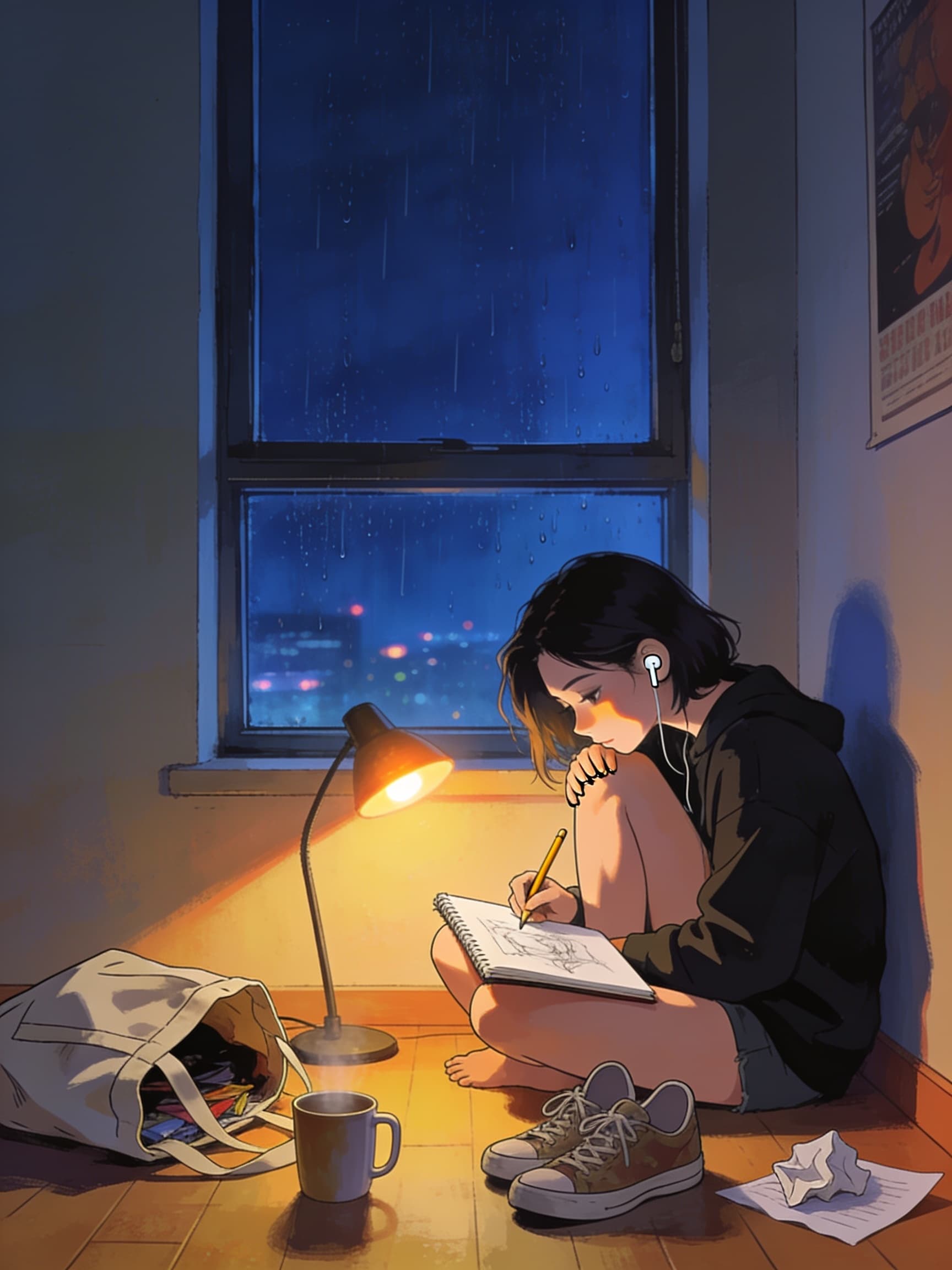 she isnt looking at you. thats the whole drawing: one person mid-moment, not performing for the frame. #aiart #anime