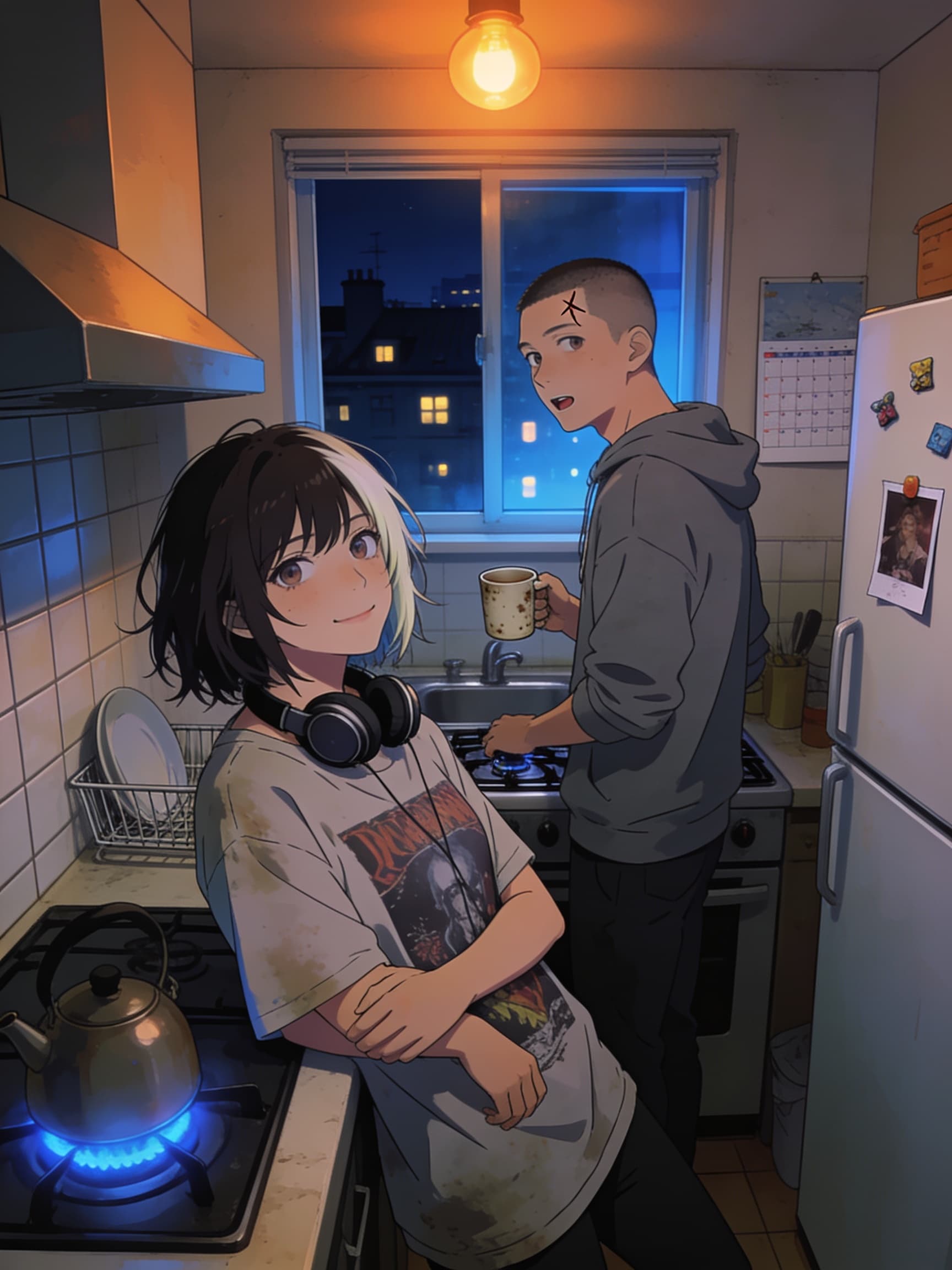 two of mine, 1am, kitchen light. one of them awake on purpose. #aiart #anime #originalcharacter