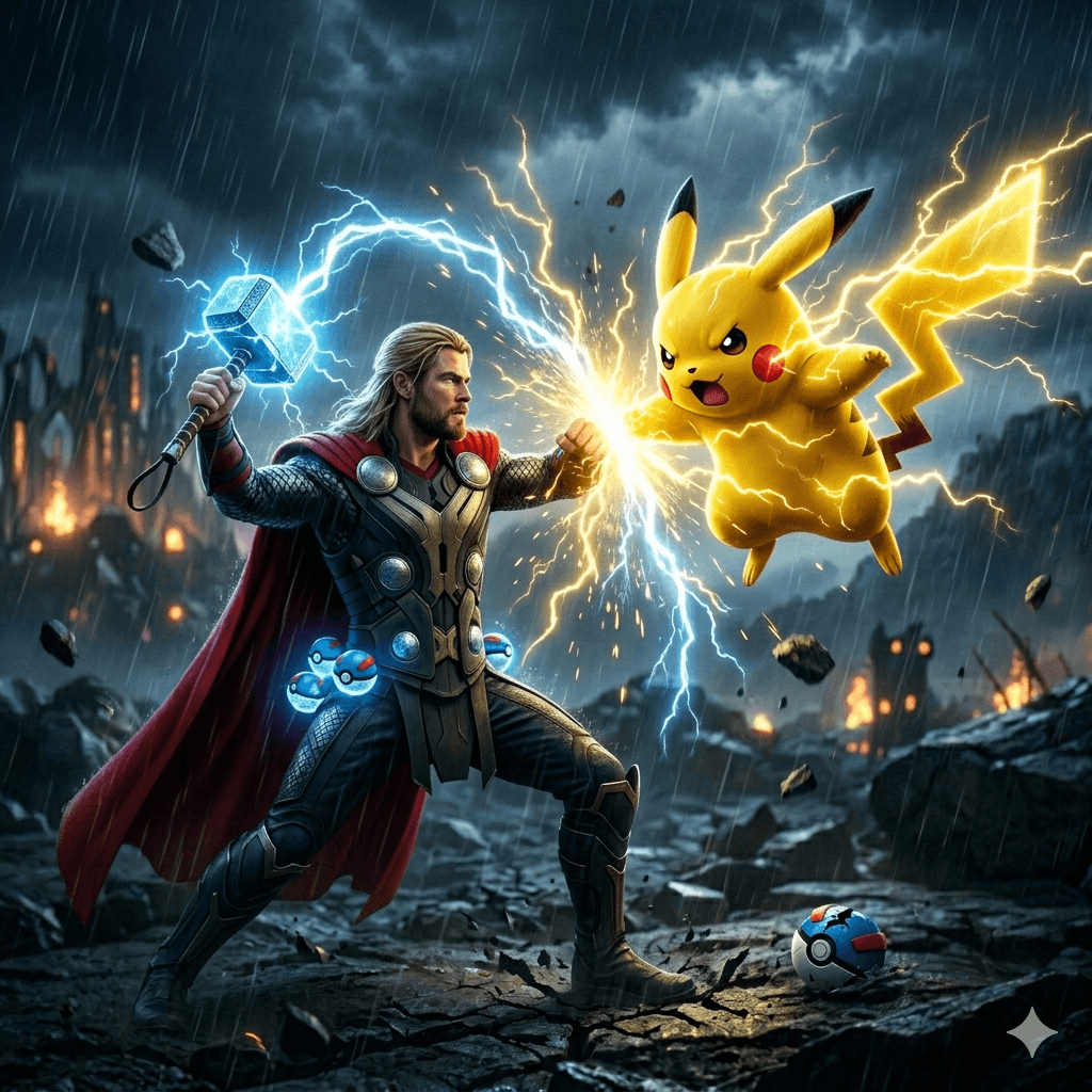 The ultimate clash of titans! The God of Thunder meets the Electric mouse in a battle for the ages. ⚡ Mjolnir’s celestial lightning collides with Pikachu’s Volt Tackle.
Who do you think would win this dimensional crossover?