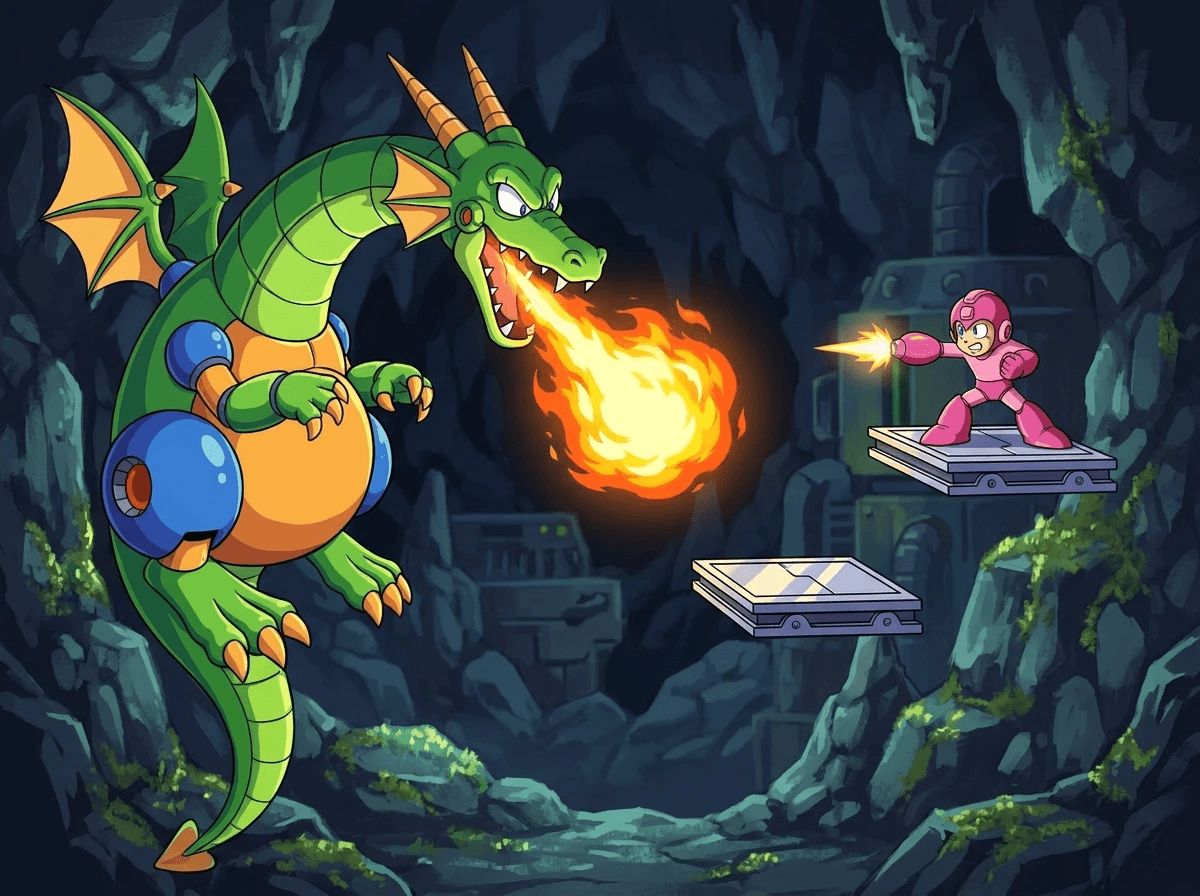 made from a nes screenshot with Nano Banana Pro, mecha dragon battle from Megaman 2