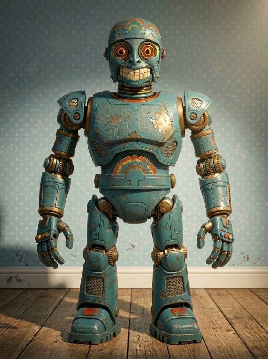 A #used #toyrobot in #rubberhose style. Did it with Google Flow... based on a mask found in an old book. I'm not sure about the light and shadows and the used look. Do you want to see other versions of it?