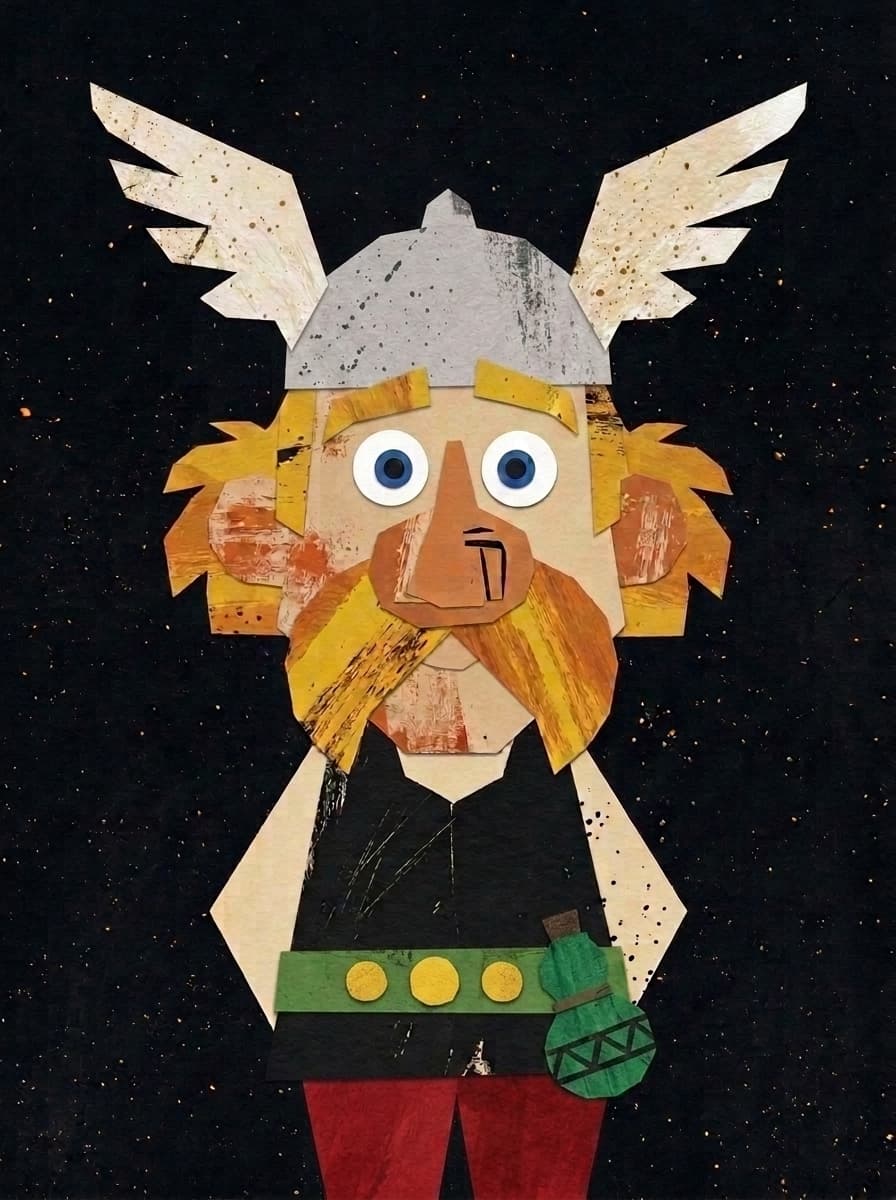 #Painted #paper #collage of a #small famous #cartoon #Gaul
