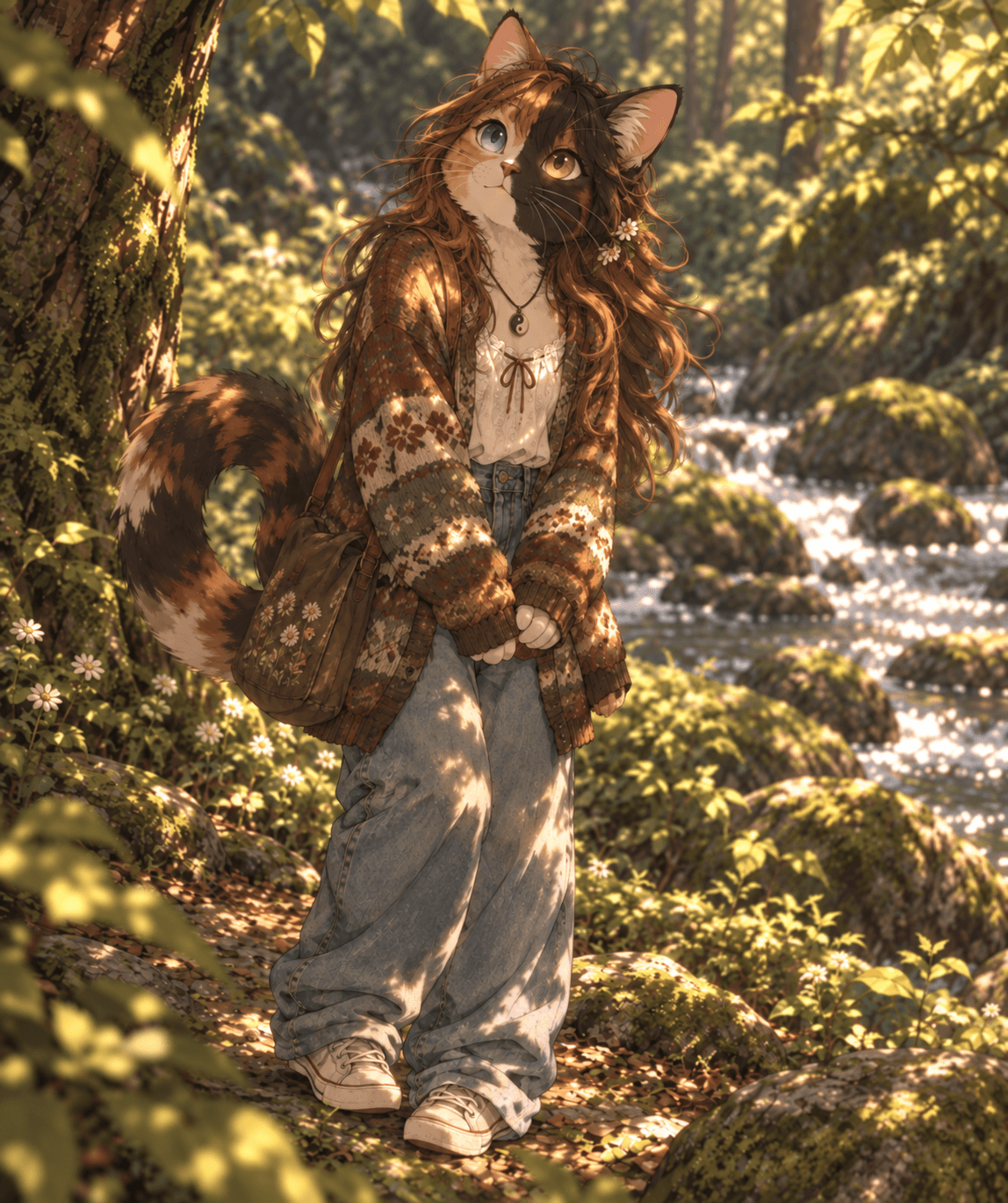 Fursona: Clover the boho-chic tortie + Dapplefern, her Warriors feral version :3 #furry #anthro #fursona #persona #sona #cat #catgirl #feline #tortie #tortoiseshell #tortoiseshellcat #boho #bohochic #hippiefashion #cozy #clover #warriors #warriorscat #warriorcats #dapplefern #oc #originalcharacter