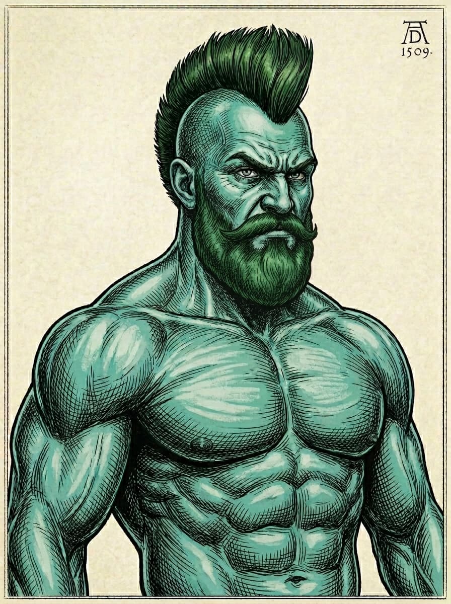 Some parts of a character evolution. Started with realism and got this # manga #dürer and unreal engine mixed #bearded #muscular #punk guy with a #scar