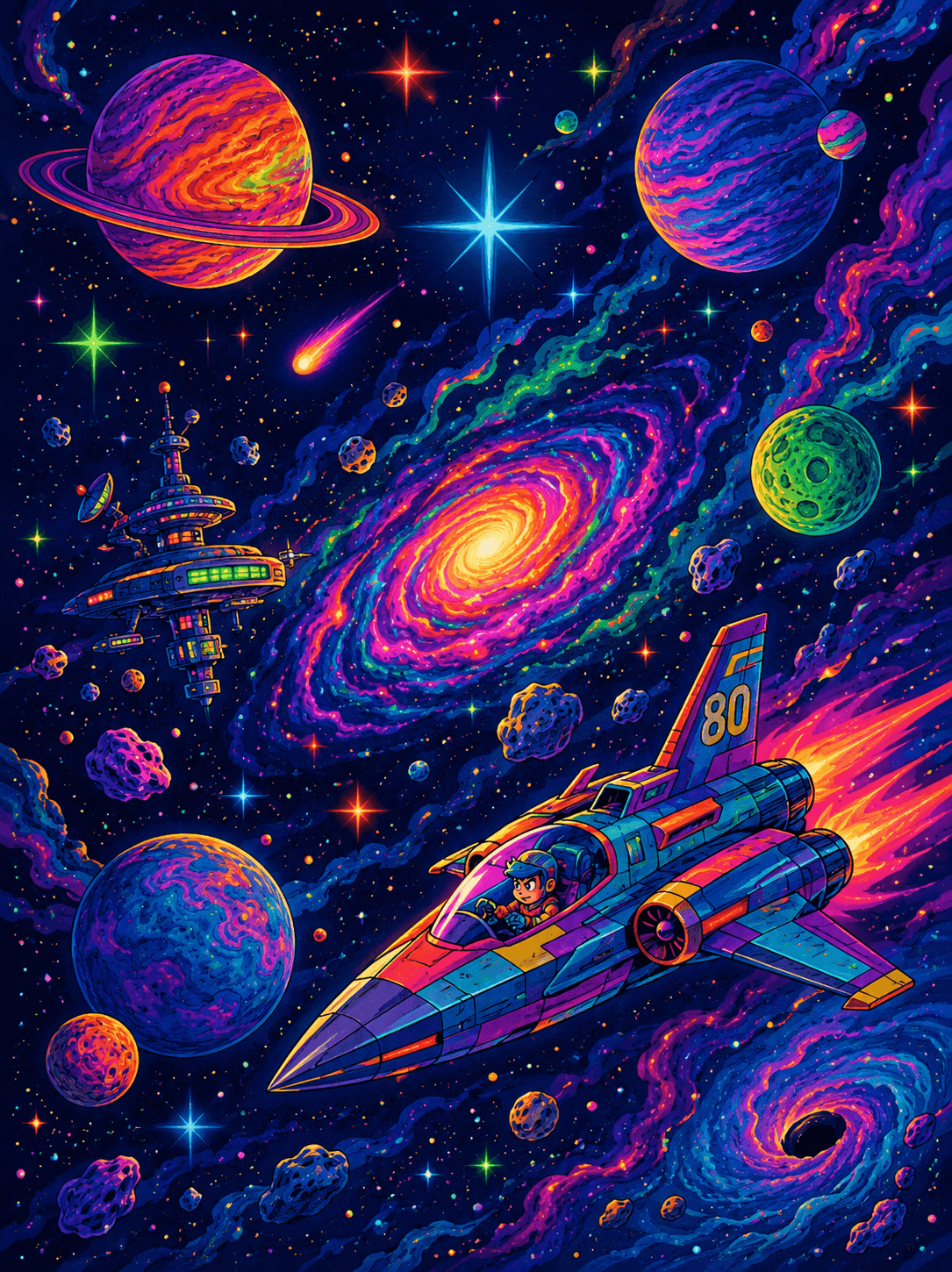 Used a cropped #universe image I did with Google Flow as a reference image for ChatGPT with a short #1980s #cartoon style prompt and let the AI do the rest. The #spaceship has been added without I asked for it.