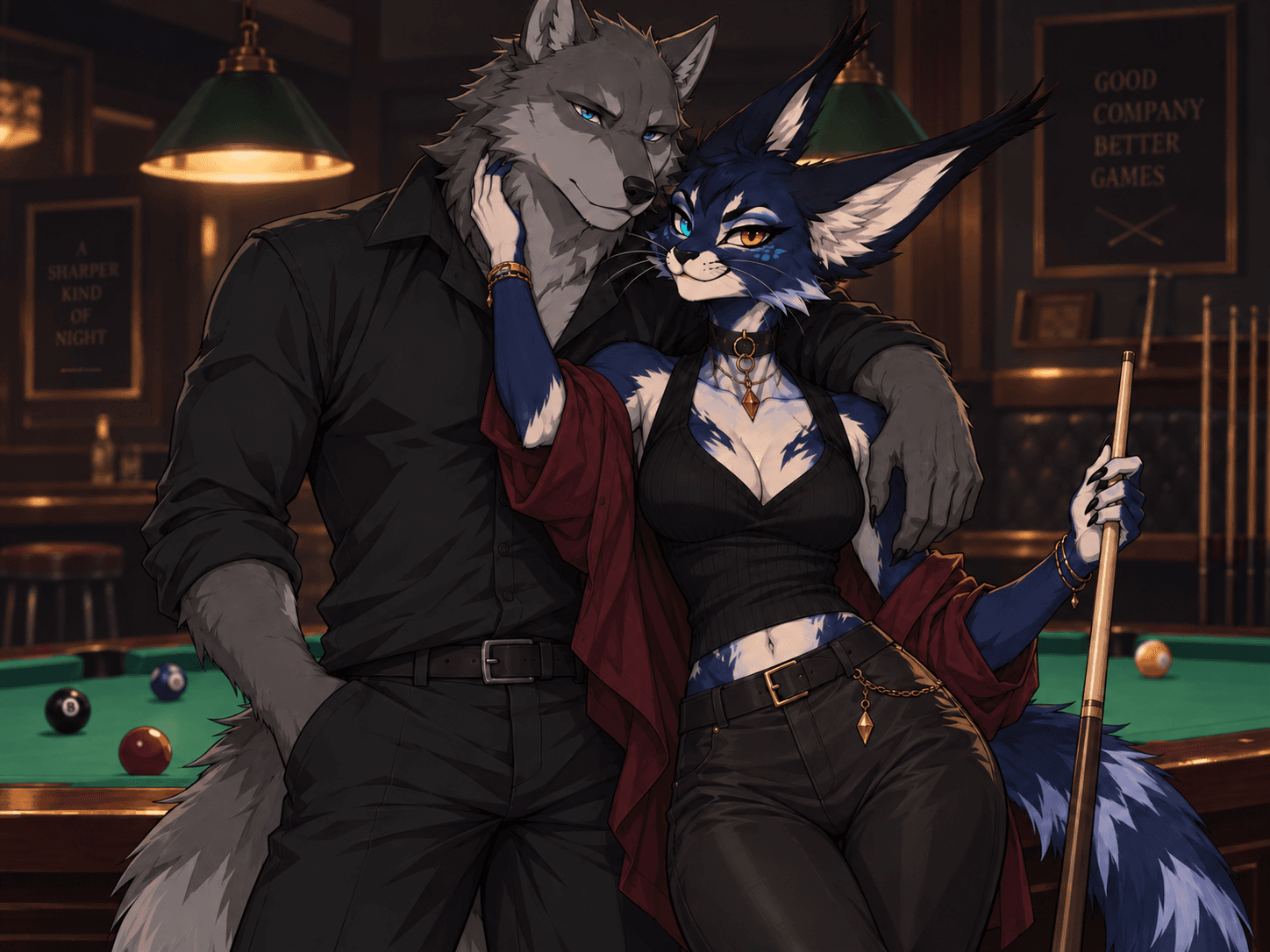 Crowhurst OCs: Clay/Ashlyn at the pool bar for date night #claymercer #ashlynbelfry #furry #anthro #ocs #originalcharacter #aiart