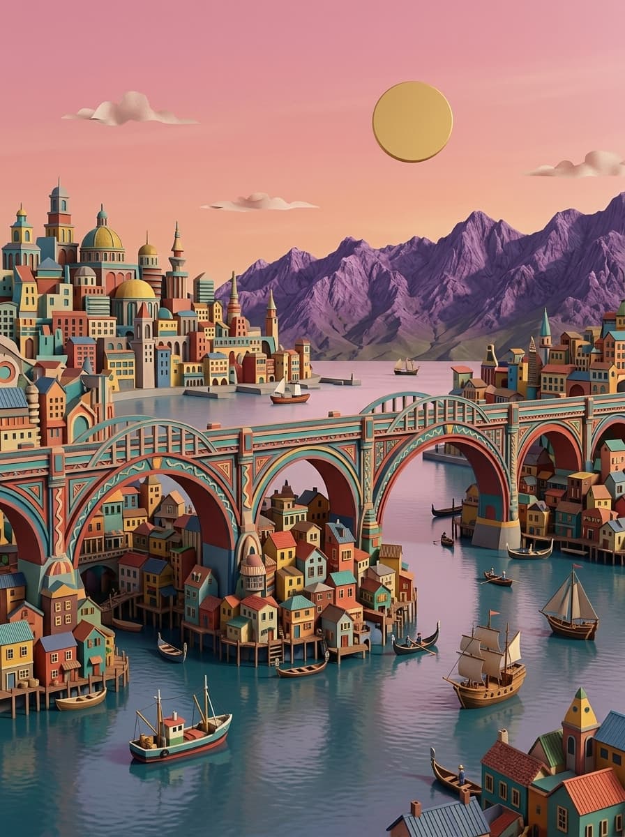 A #colorful and #stylized #city I built upon an very old Hundertwasser-esque AI image. Made with Google Flow.