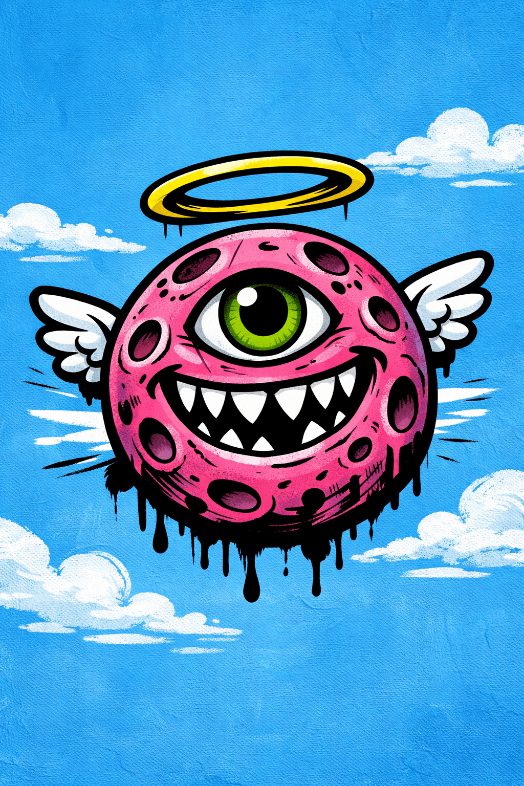 As I was using Copilot I got inspired by the eyes and created a little #cyclop #pink #moon #angel #monster in a #comic #graffiti style.