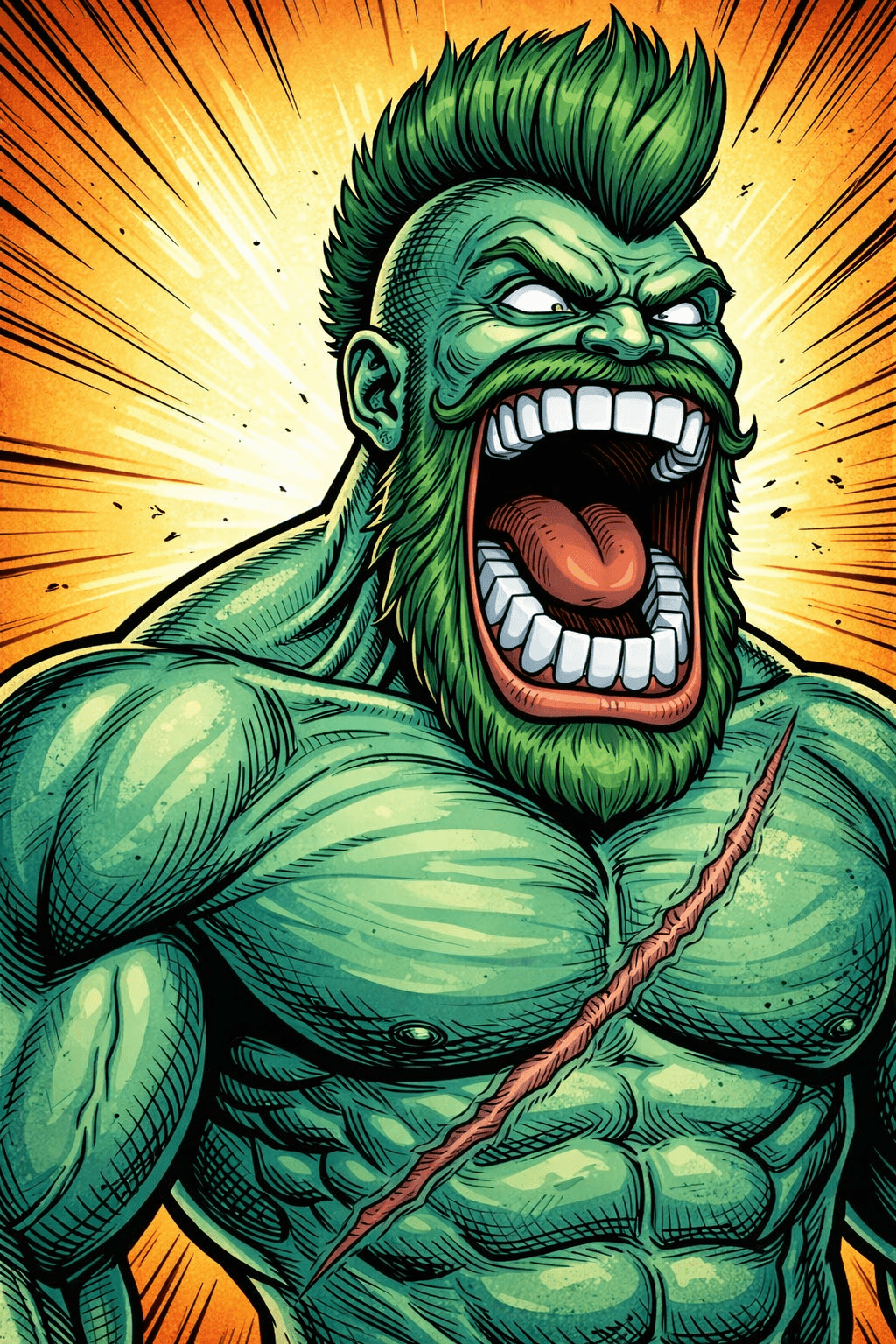 A #comic Version of the #bearded #muscular #punk guy. This time made with Copilot
