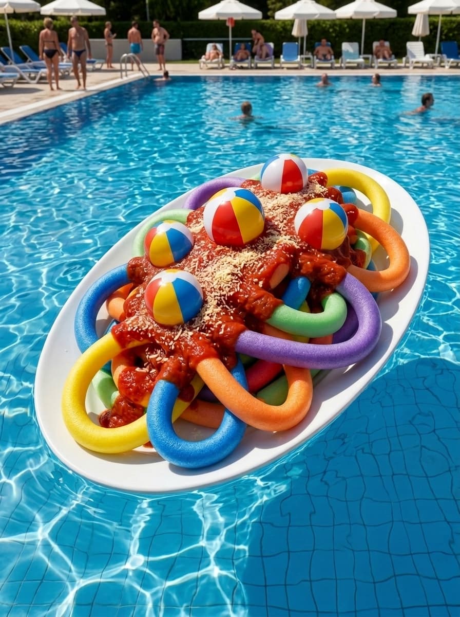 Did this for a creative quest on reddit. The image should use #pool #noodles. I decided that I wanted to do #pasta with it. I thought it woukd be easy, but this is the best version (still not perfect) after 42 attempts on Google Flow alone (tried GenTube, Meta AI and Microsoft Copilot too)