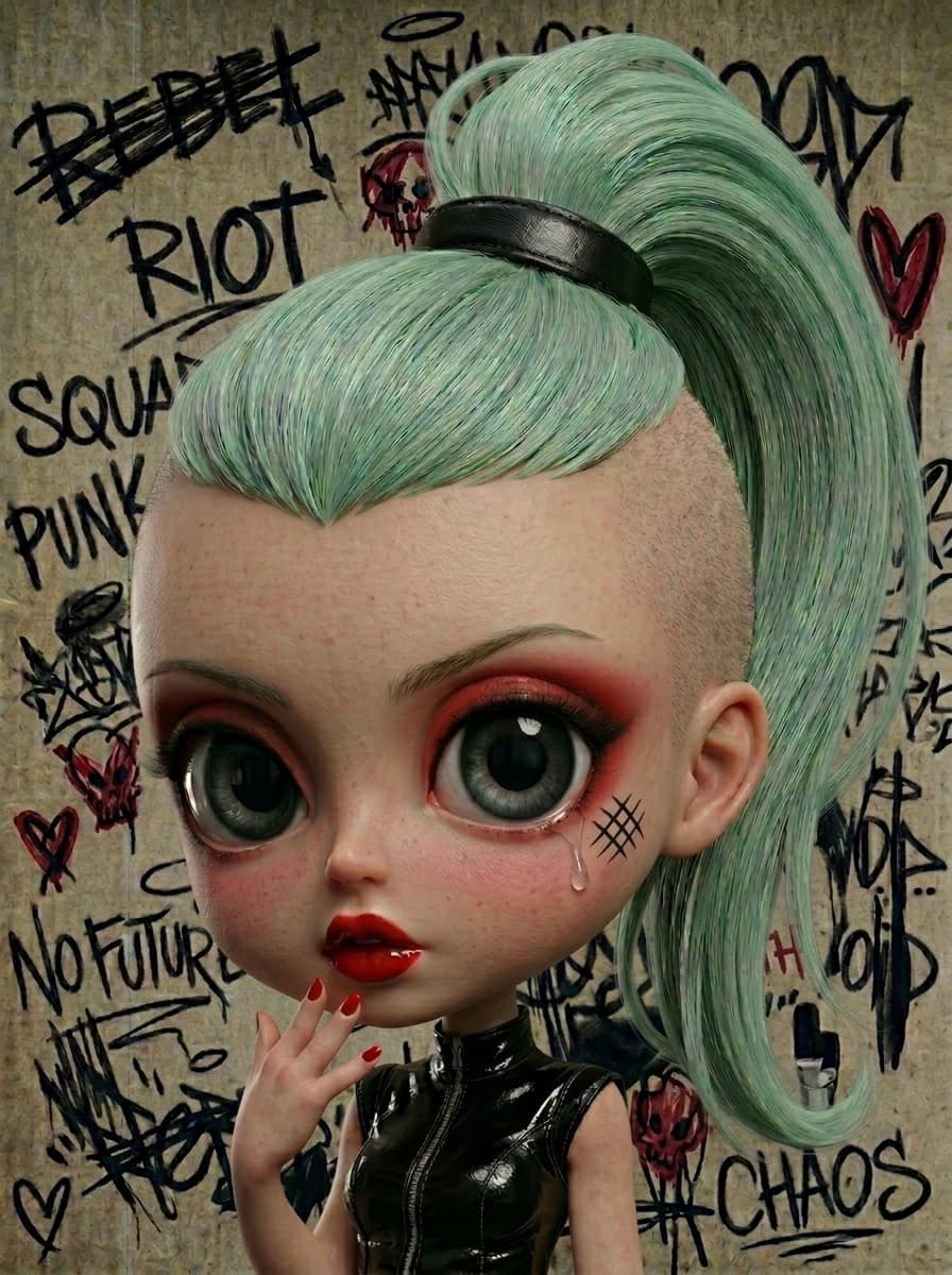 The third version of the #woman #character I already did in a realistic and a chibi style. This is a #mixture of #realism (or doll) with #chibi and some #rubberhose style influence. Did a more #urban background. Made with Google Flow.