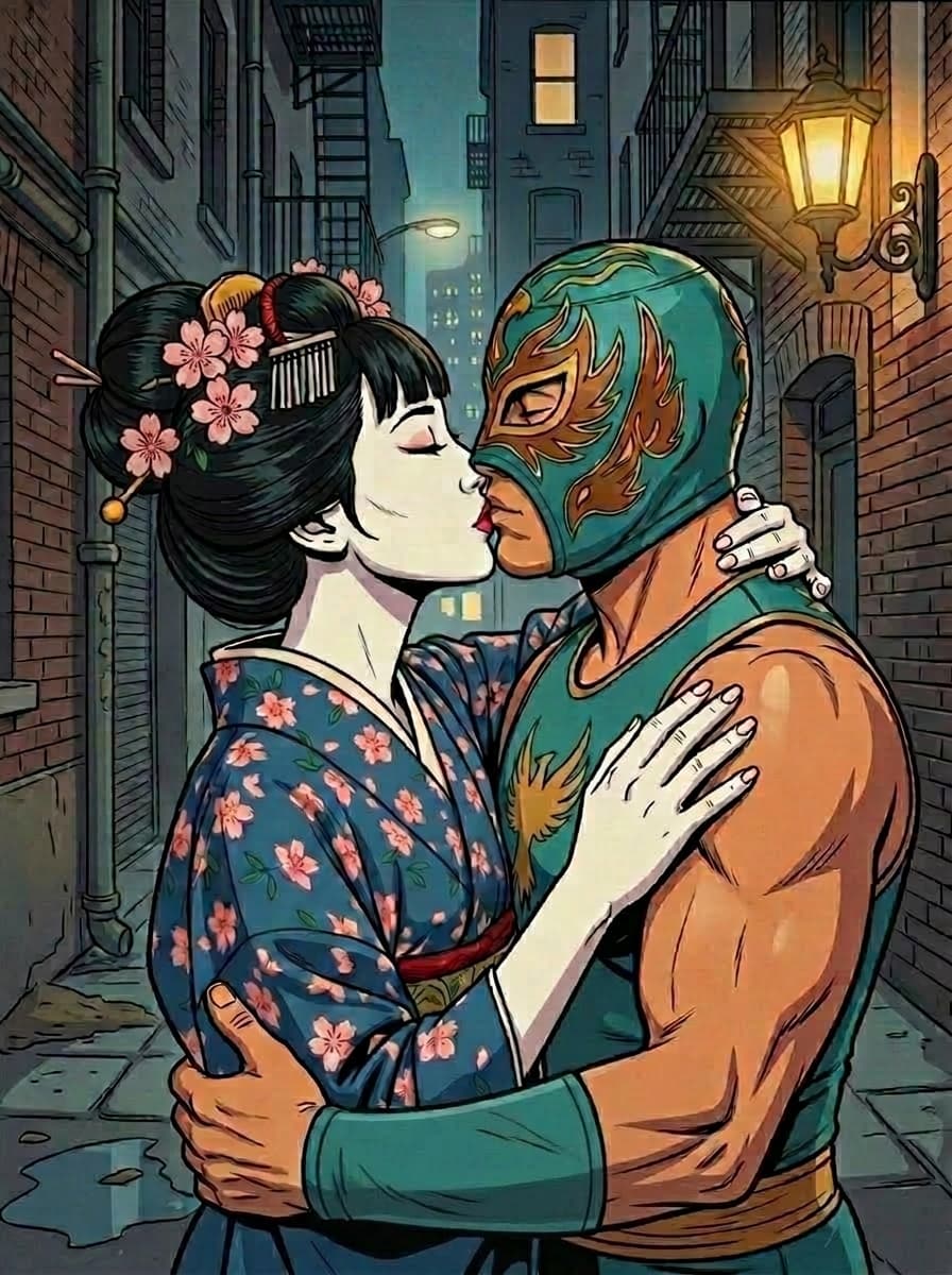 Fusion of two #characters I like. A #geisha is #kissing a #lucador in an #alley by #night. Done in an #1980s #cartoon style with Google Flow. May the sideprint on his mask could be better, but it was difficult to do this picture in that way it is (everytime I changed something the AI ignored part of the prompts or did something "wrong") - Maybe I'll redo it some day.
