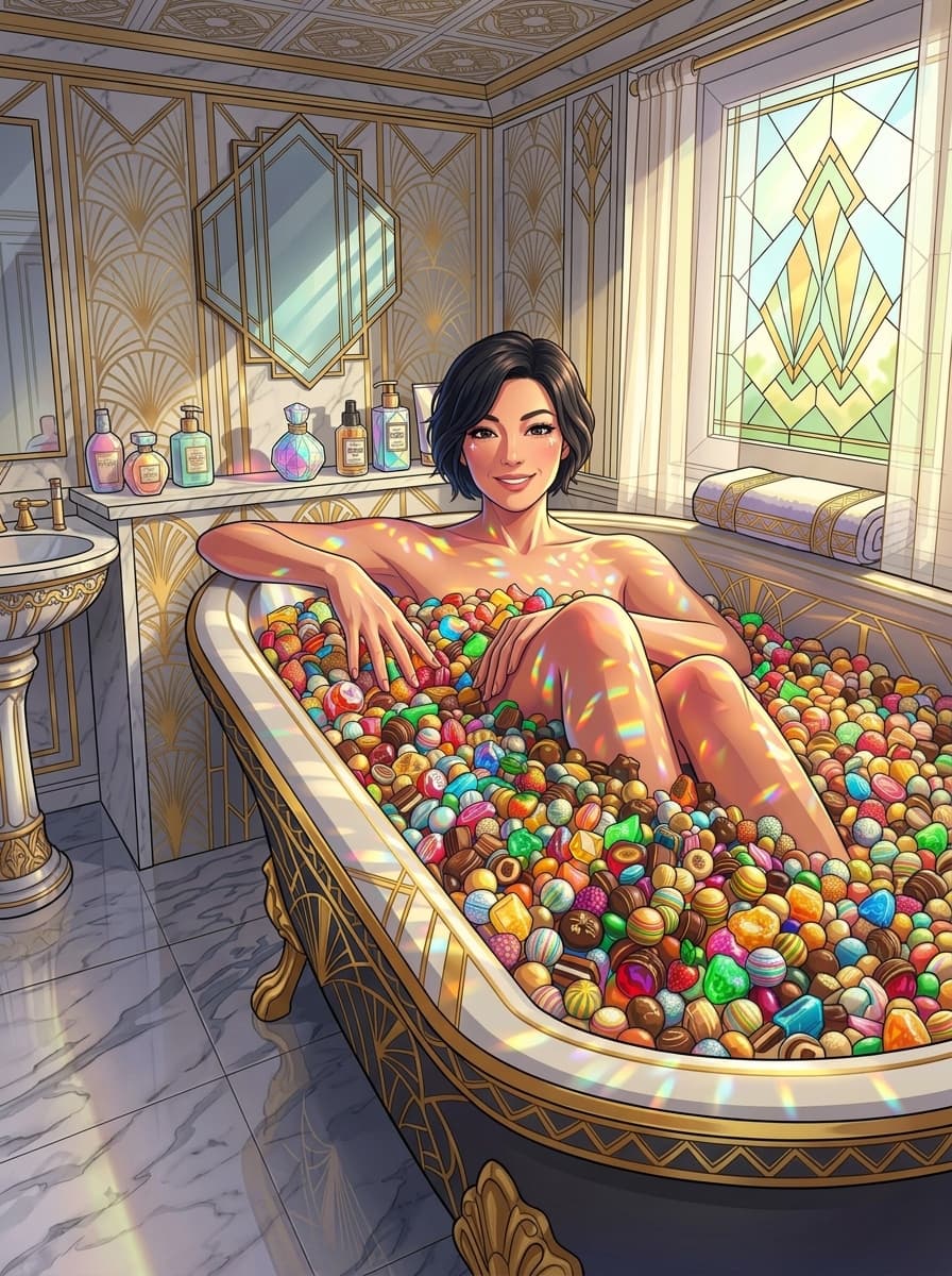 Taking a #bath. The idea evolved from an image that has gone wrong, over another one.. played with styles here. Started with photorealistic and then rendered in unreal engine and took the result and used a mix of #anime and #art deco. Made with Google Flow.