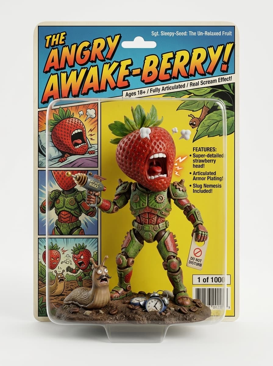 PLEASE READ CAREFULLY: Wow Google Flow surprised me. You may remind the screaming strawberry I uploaded some days ago. I only used it as a reference with the prompt: "Use the head as a reference to create a funny comic Action figure" and it did this. The writing and the snail as idea for an enemy totally make sense - as the story line behind it does. Sure you can do something better by editing this image, but I wanted to show you with which concept it came up alone. I'm impressed.