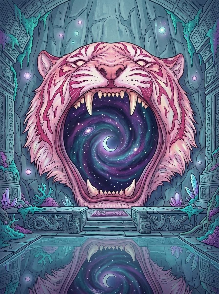 Reworked a failed generation into that one, but I'm not sure about it... the mouth of the #tiger kinda should be a #portal to another dimension. Feedback/criticism or suggestions appreciated. Tried relastic versions with more depth, but they didn't look good. Made with Google Flow
